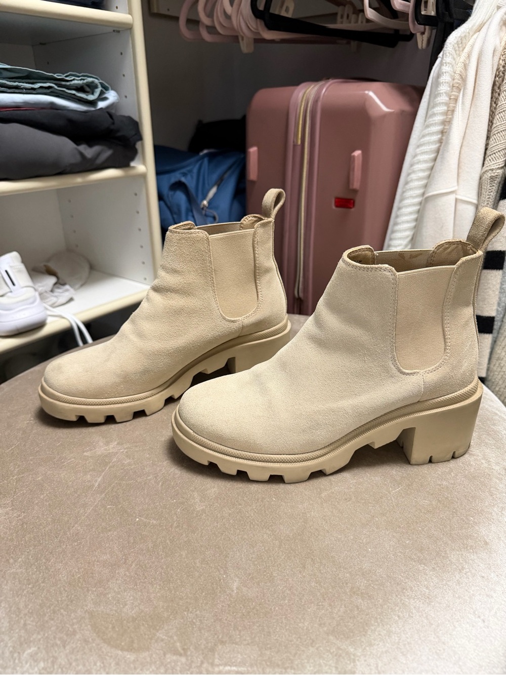 Steve Madden Beige Suede Lug Chelsea Booties